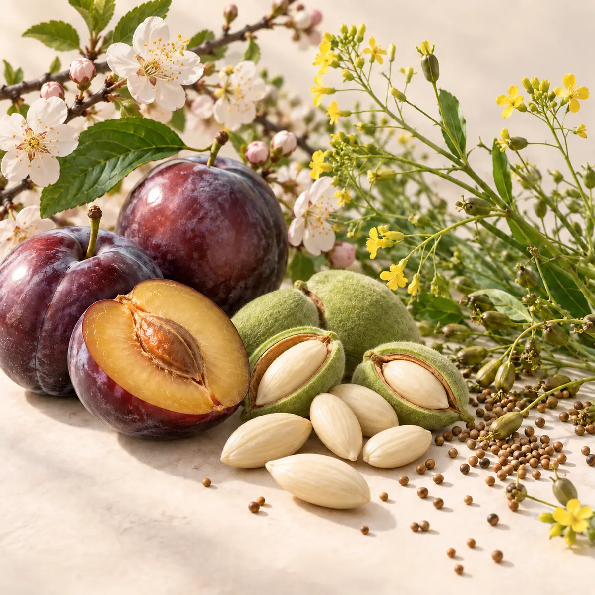 Prunes, fleurs de prunier, amandes fraîches et cameline