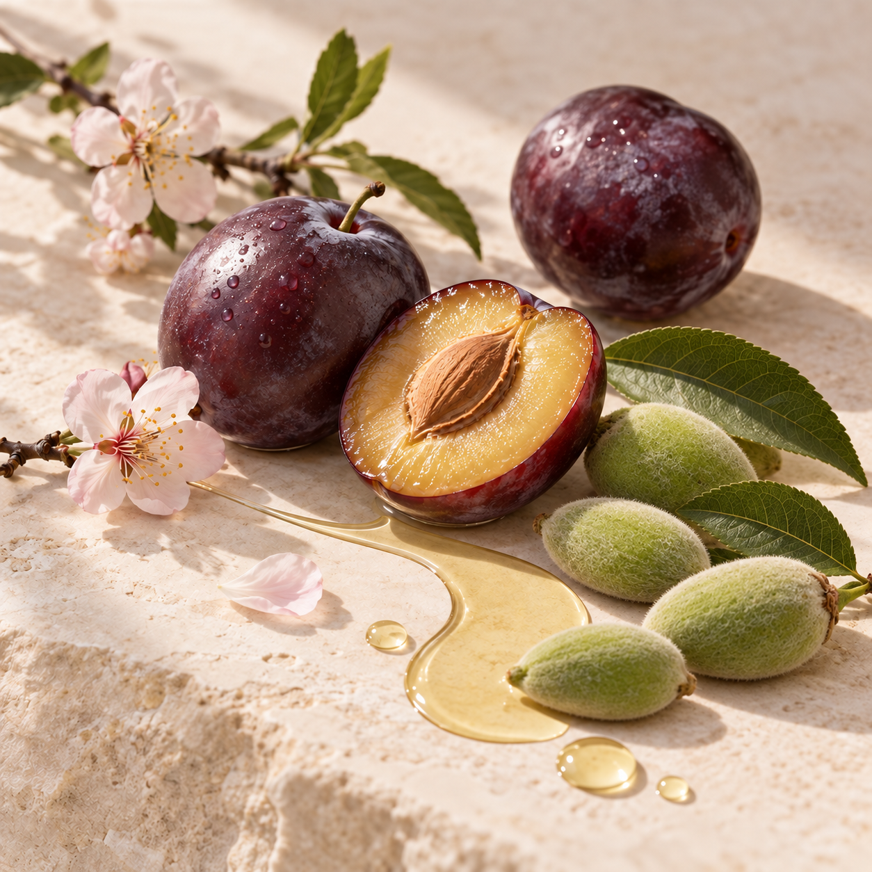 Prunes violettes, amandes fraîches vertes et huile dorée