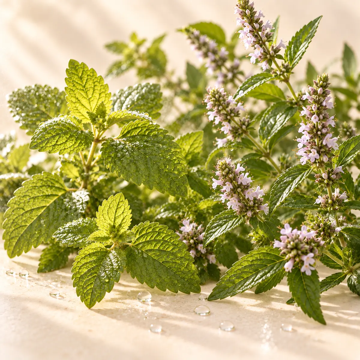 Mélisse et menthe bergamote fraîches couvertes de gouttelettes d’eau