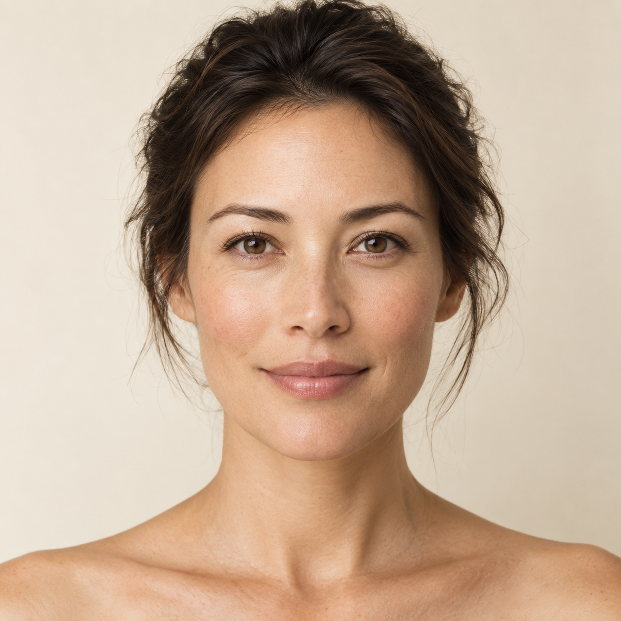 Portrait de face d’une femme eurasienne, peau naturelle