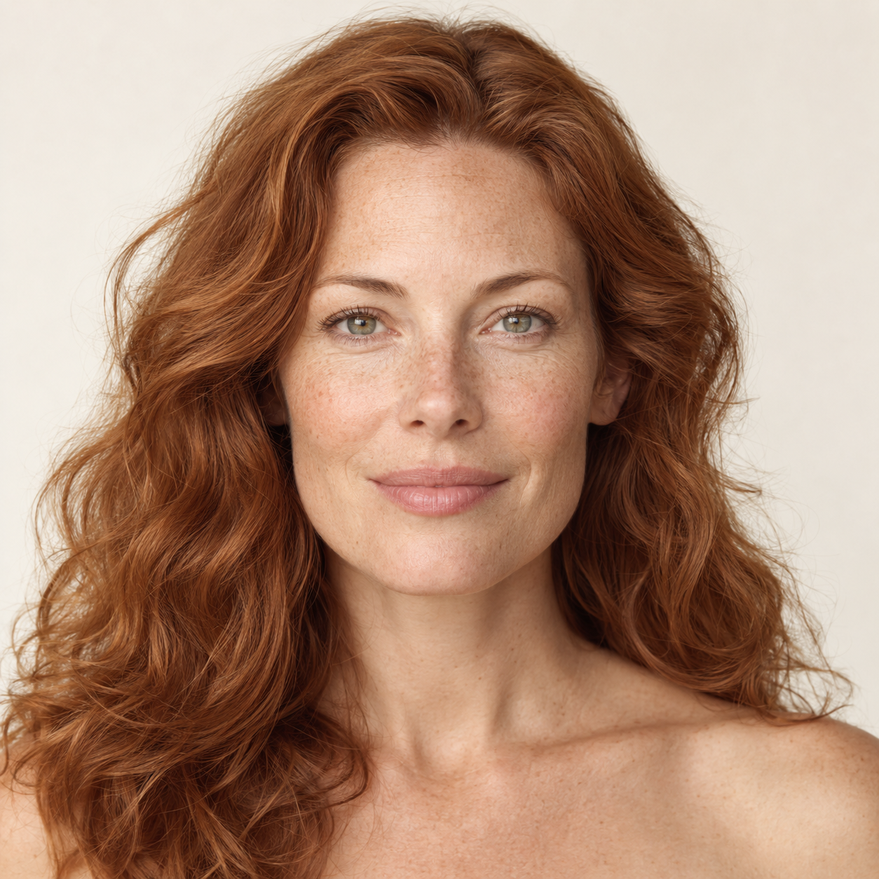 Portrait de face d’une femme rousse, peau naturelle