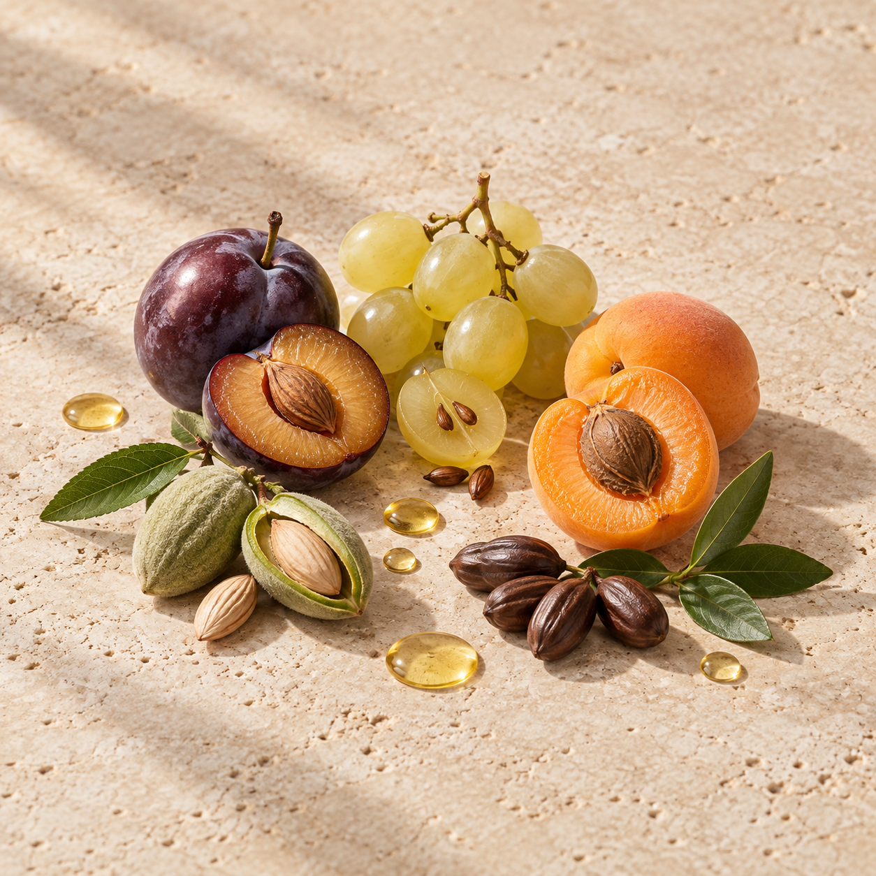 Prune, amande, pépins de raisin, jojoba et noyau d’abricot
